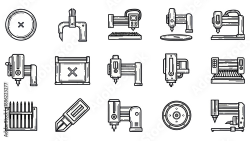 Industrial machinery set vector illustrations of cnc milling machines and parts