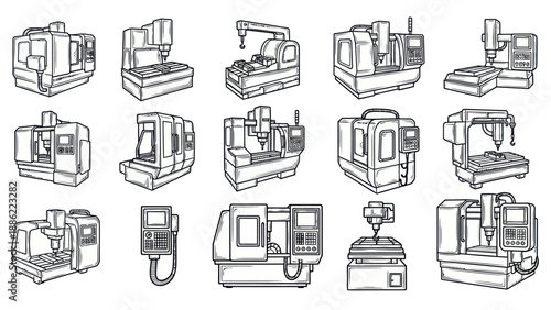 Industrial machinery set line art illustrations of milling and production equipment