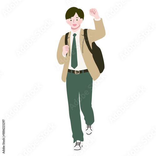 バッグを持った男子高校生のフラットイラスト　全身　ベージュ×グリーン