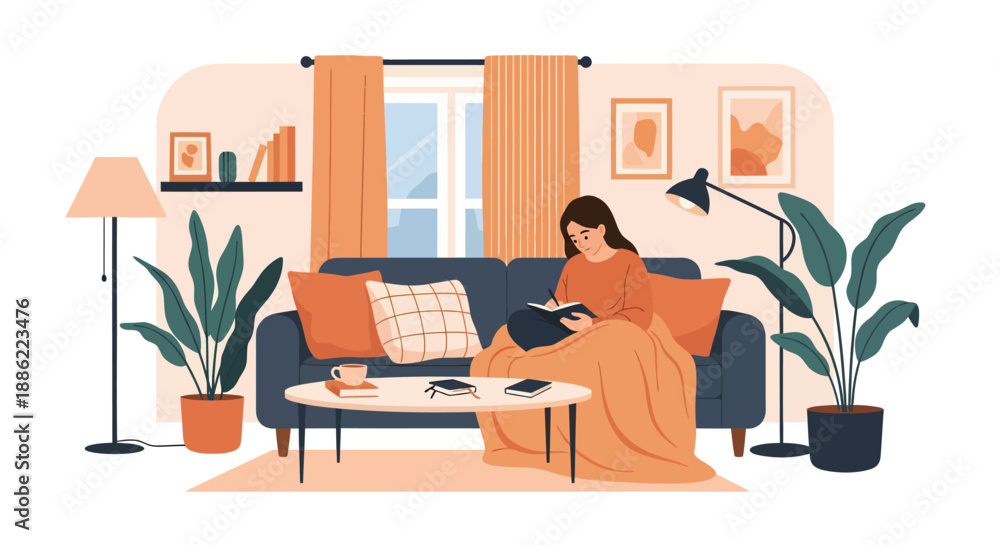 Fototapeta premium Young woman relaxing on a cozy sofa, reading a book in her living room.
