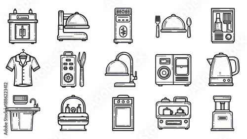 Kitchen appliances and utensils in detailed vector line art