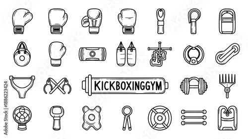 Kickboxing equipment collection icon set in outlined black and white style