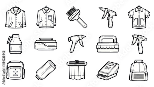 Laundry and cleaning icons set shirts brushes spray bottles and more