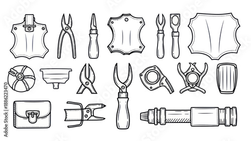 Leather crafting tools collection vector illustration for design and print