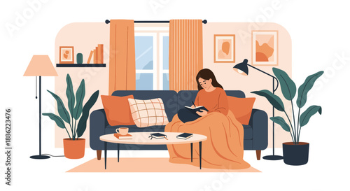 Young woman relaxing on a cozy sofa, reading a book in her living room.
