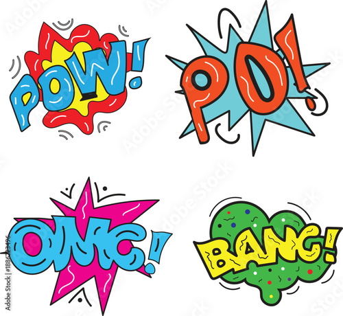 comic book style speech bubbles with the words pow, omg, and bang