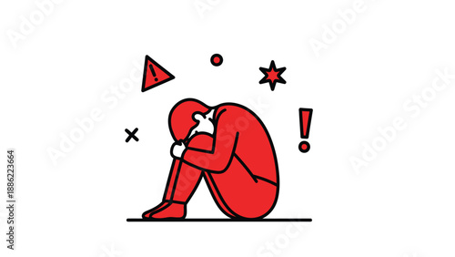 Isolated Red Figure: Mental Health Illustration of Overwhelmed Person