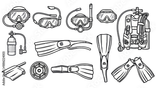 Underwater exploration equipment collection vector illustration