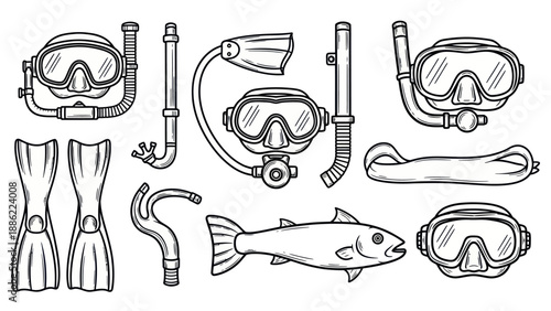 Underwater exploration equipment collection vector illustration isolated