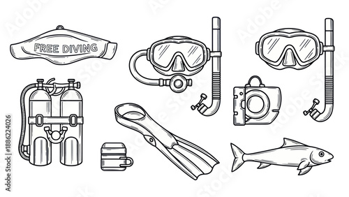 Underwater exploration equipment set vector illustration isolated
