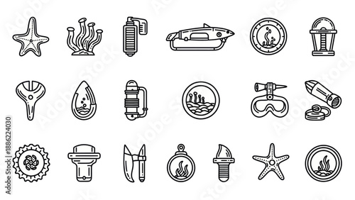 Underwater exploration icon set submersible starfish and aquatic elements