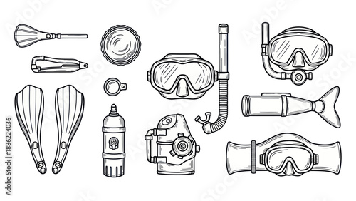 Underwater exploration equipment set illustration for recreational diving