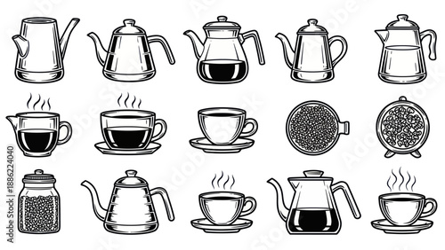 Variety of coffee pots and cups in detailed black and white vector illustration