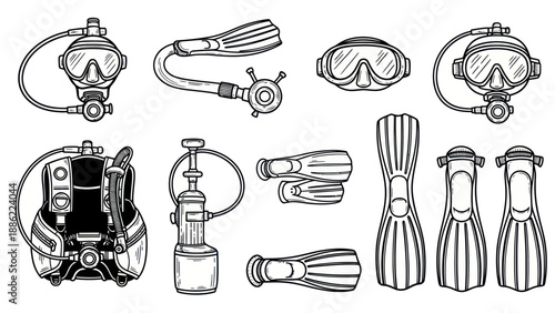 Underwater exploration equipment set vintage line art illustrations