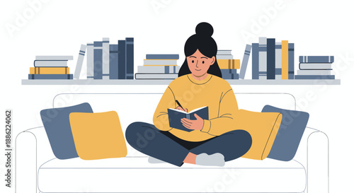 Young woman sitting on a couch reading a book.