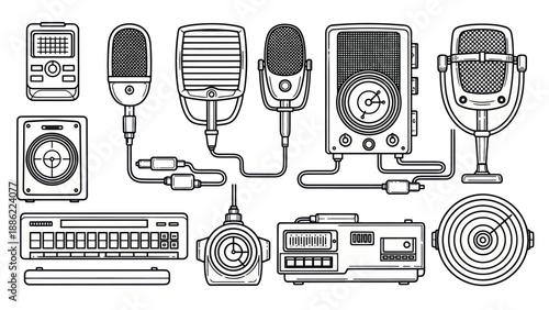 Vintage audio equipment collection illustration microphones speakers and recorders