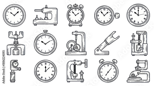 Vintage clocks and watchmaking tools vector illustration set