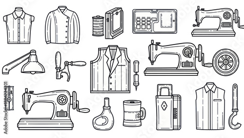 Vintage sewing tools and garment elements collection vector illustration