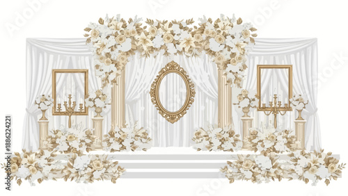 Luxurious wedding stage decoration with white and gold flowers.