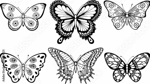 Collection of six unique black and white butterfly designs with intricate patterns and details.