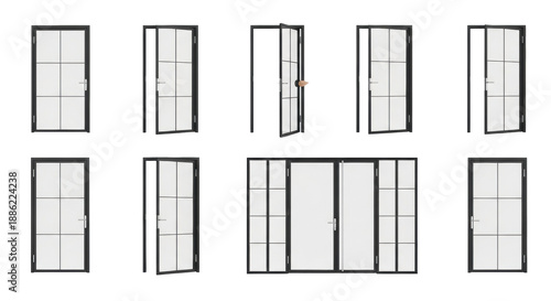 eight slimline matte black steel-framed glass doors with polished chrome handles, presented against a transparent studio background, showcasing design variations for interior catalog concept