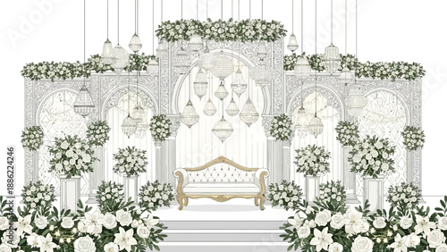 Luxurious Wedding Stage with Floral Decorations and Ornate Details.