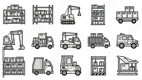 Warehouse logistics and transportation icons delivery and storage illustrations