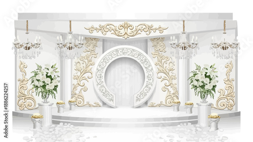 Luxurious white wedding stage with gold decorations and floral arrangements.