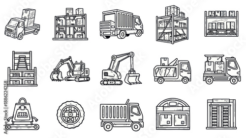 Warehouse and transportation vector illustration set for logistics and delivery