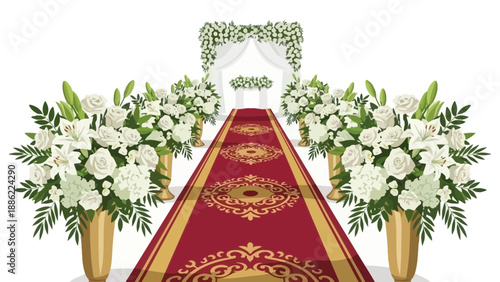 Wedding ceremony aisle decorated with flowers and red carpet.