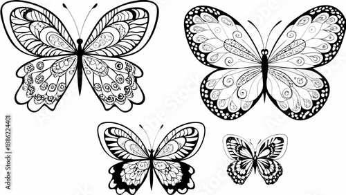 Four intricately designed butterflies with unique patterns and varying sizes, showcasing detailed black and white illustrations, perfect for creative and artistic projects.