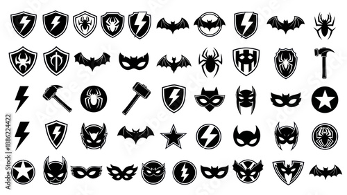 Superhero icons collection in black and white for graphic design projects