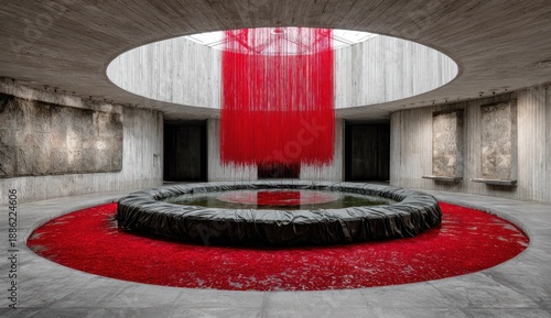 Wallpaper Mural A round hall features a central red sculpture cascading from a skylight, surrounded by water and art Torontodigital.ca
