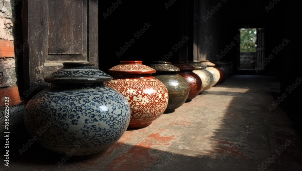 custom made wallpaper toronto digitalSeries of antique ceramic jars in a dim corridor, sunlight illuminating their surfaces