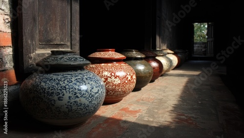 Wallpaper Mural Series of antique ceramic jars in a dim corridor, sunlight illuminating their surfaces Torontodigital.ca