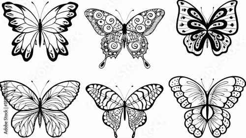 Collection of six intricately designed black and white butterfly illustrations, showcasing diverse patterns and styles on a clean white background, perfect for decorative and creative projects.
