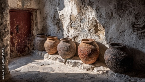Wallpaper Mural Light and shadow play on weathered pots and a door in a stone-walled alcove Torontodigital.ca
