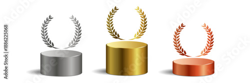 Award podium stage gold silver and bronze with wreath vector for winners. Ideal for victory ceremonies, sports champions, 1st 2nd 3rd place, and competition success.