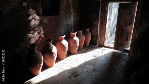 Wallpaper Mural Row of terracotta vases lit by sunlight in a rustic interior with an open door Torontodigital.ca