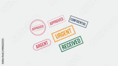 Rubber Stamps with Urgent and Approved Messages in Red and Orange Colors on White Background for Office Use