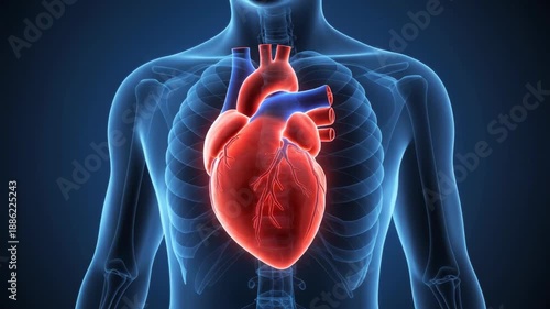 Medical visualization of anatomical human heart beating within translucent blue torso showing ribcage and skeletal structure.