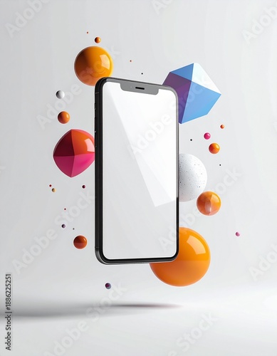 Smartphone and Geometric Elements: A modern smartphone with a blank screen floats amid vibrant, geometric shapes, representing innovation and connectivity.