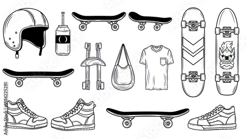 Skateboarding gear collection with skateboard helmet and accessories in monochrome