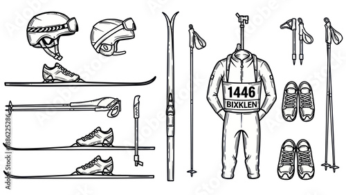 Ski equipment illustration with skis boots poles and protective gear