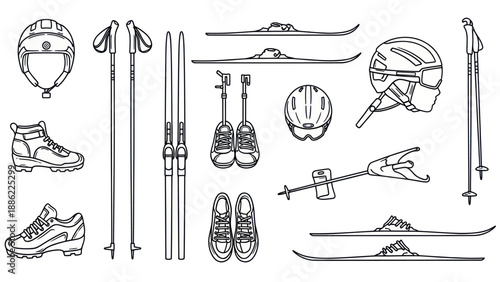 Skiing equipment illustration set skis boots poles and helmets