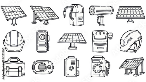 Solar panels and equipment illustration in minimalist line art