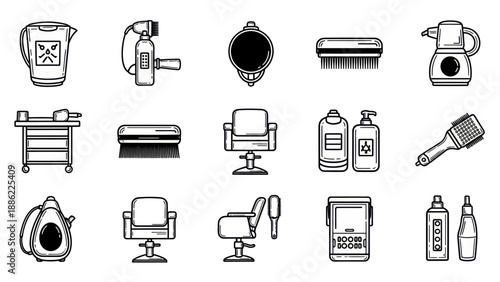 Styling salon equipment collection in simple black and white vector art