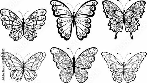 Collection of six unique black and white butterfly illustrations with intricate designs and patterns on their wings showcasing artistic elegance and detailed craftsmanship.