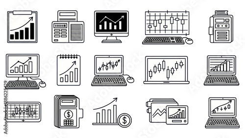 Stock market charts and financial analysis icons on white background