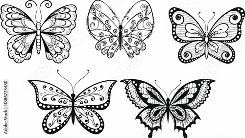Collection of intricately designed black and white butterflies with unique patterns and details for coloring or decoration purposes on various backgrounds and designs.